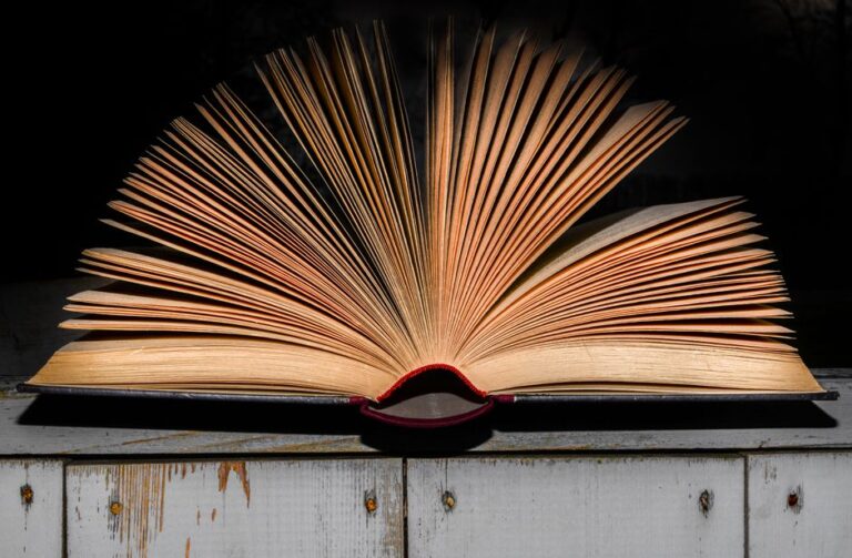 An open vintage book displayed on a wooden surface with dramatic lighting emphasizing its textured pages.